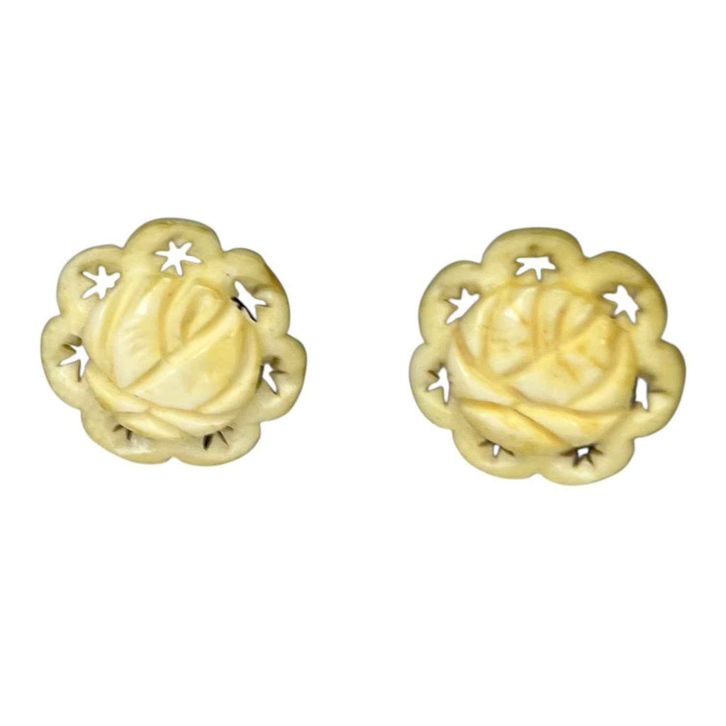 Pair of Vintage Carved Bovine Bone Off White Rose with Stars Clip On Earrings