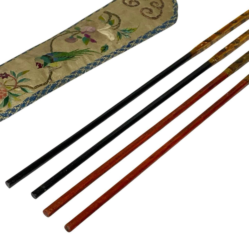Vintage Chopsticks in Original Satin Case Holder 2 Pairs Asian Style