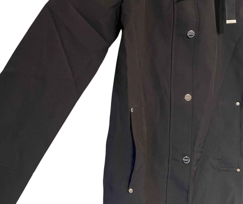 DKNY Women's Parka Coat, Black Hooded, Size L with Back Side Zip Slits BNWT