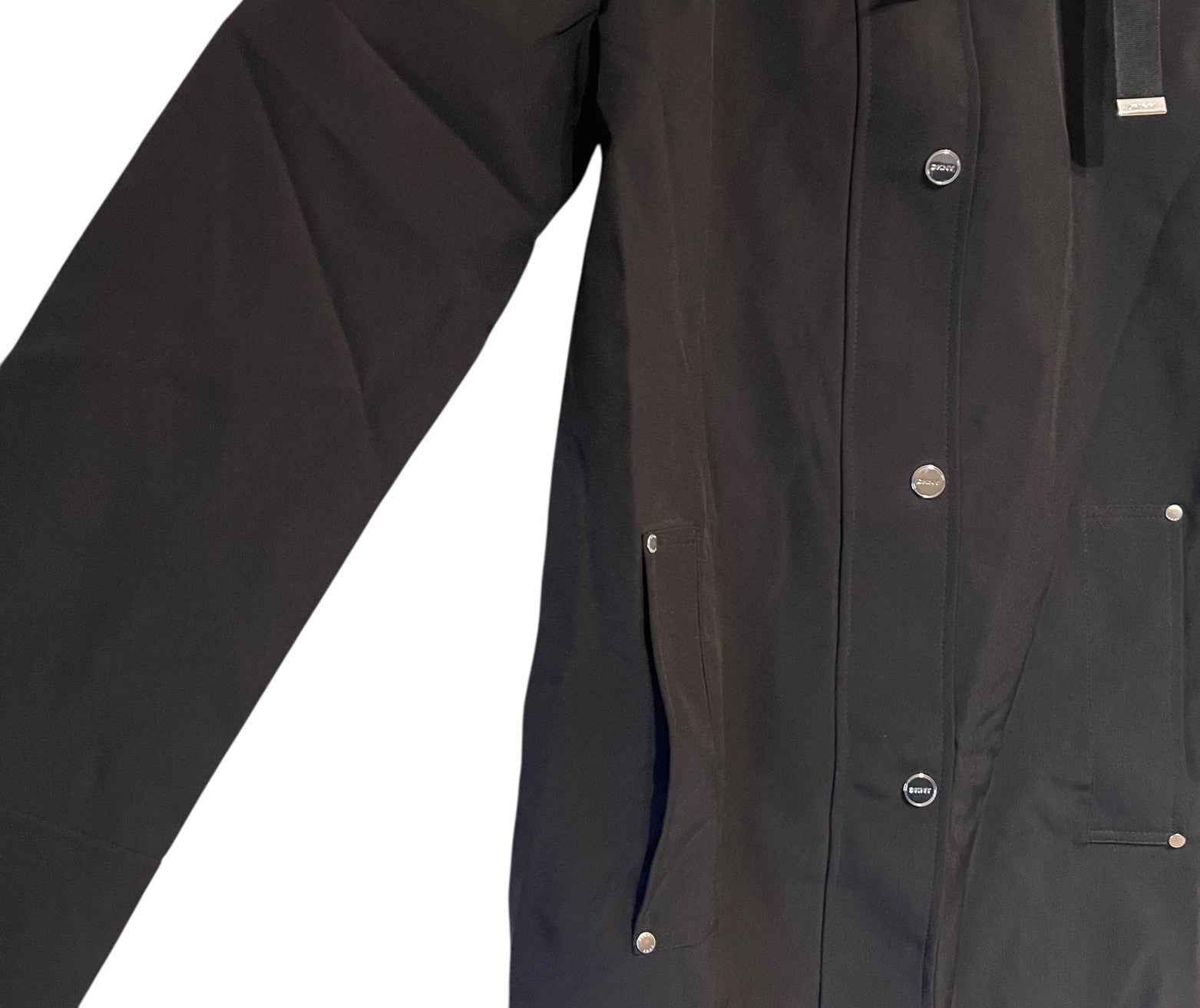 DKNY Women's Parka Coat, Black Hooded, Size L with Back Side Zip Slits BNWT