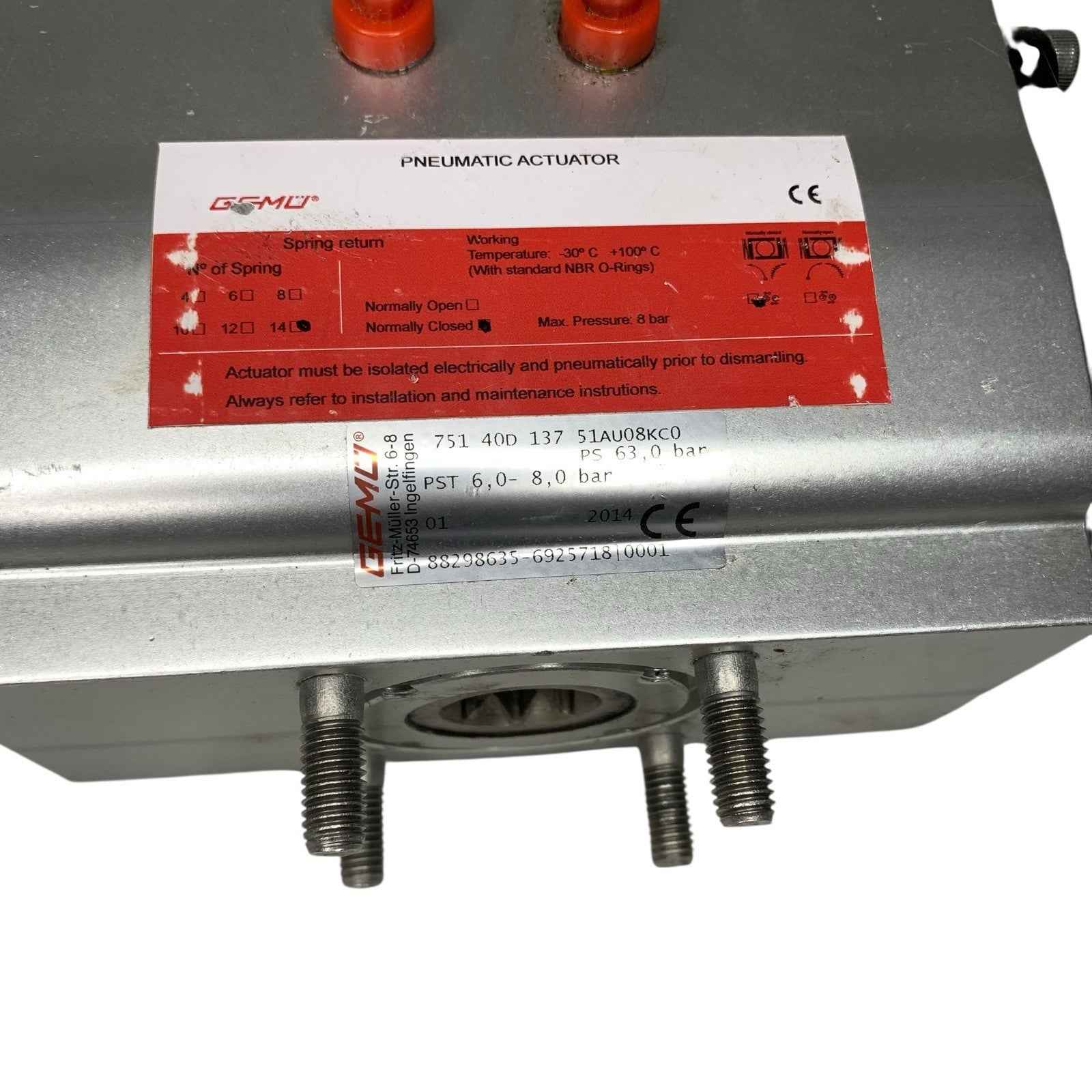 GEMU 751 Pneumatic Actuator 40D 137 – 63 Bar Max – PST 6–8 Bar Industrial Valve
