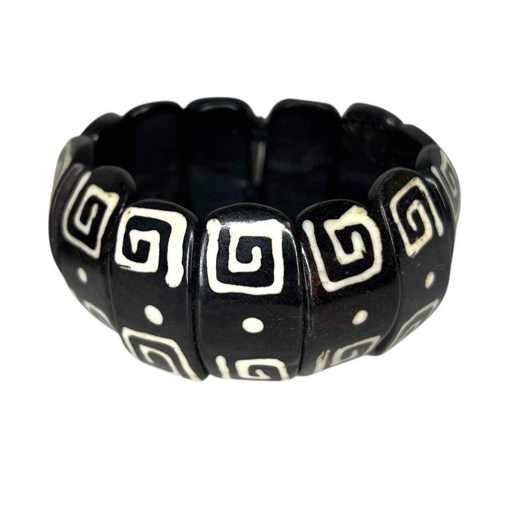 2x African Tribal Batik Yak Bone Statement Stretch Bracelets Wood Detail