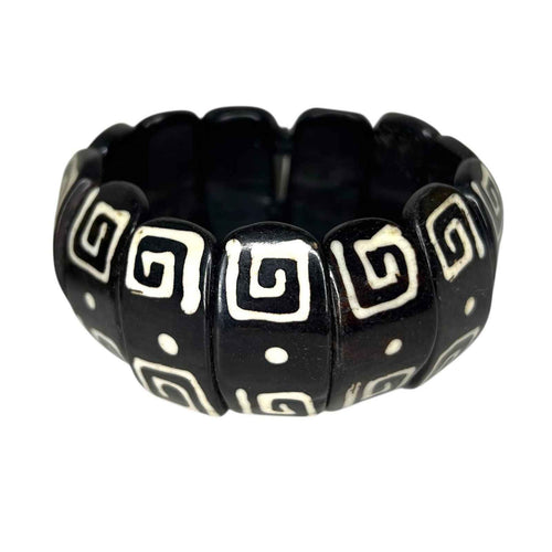 2x African Tribal Batik Yak Bone Statement Stretch Bracelets Wood Detail
