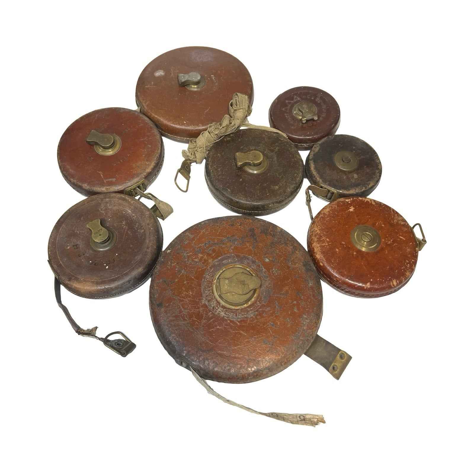 Vintage Leather Tape Measures Job Lot Treble Rabone Abbey Brass Old Tools