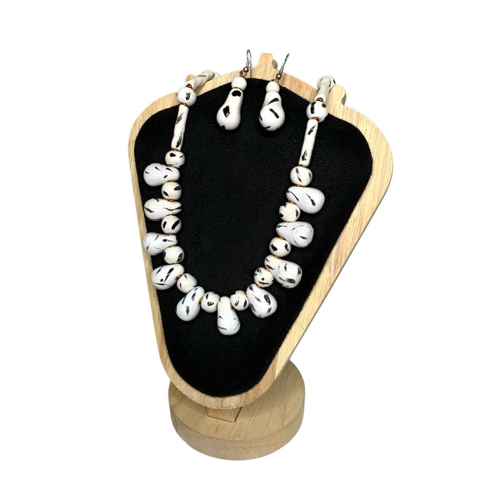 Vintage Black & White Painted Bead Necklace with Matching Earrings 3 Shapes