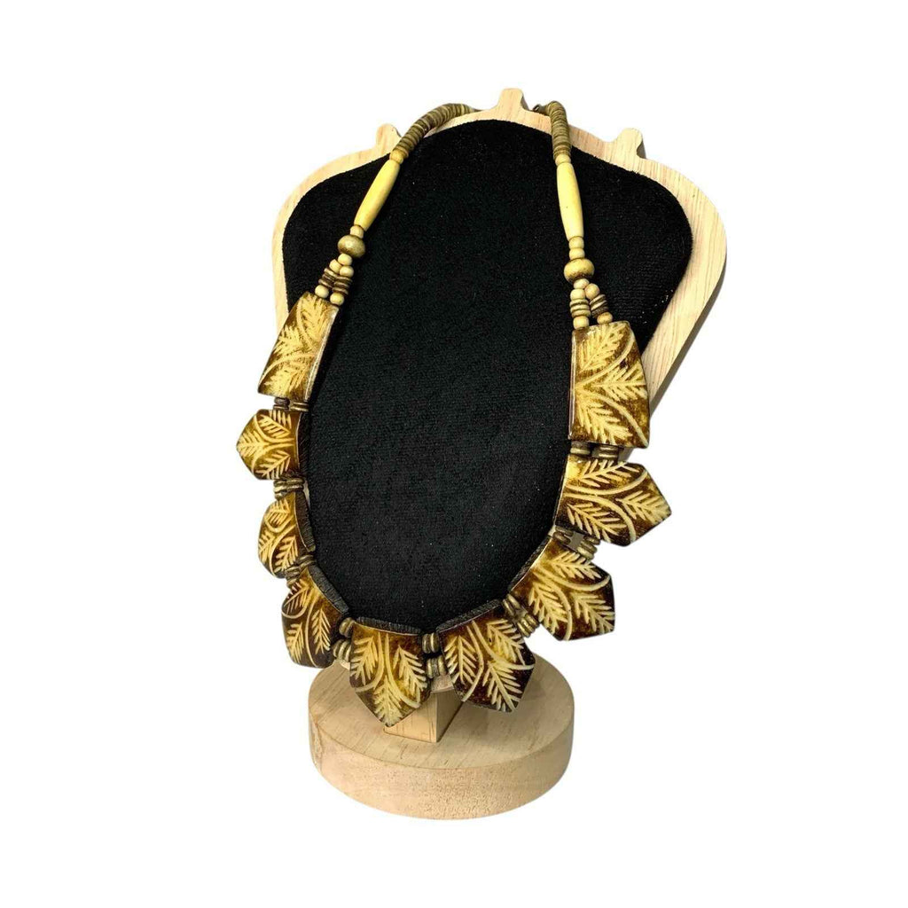 Vintage Boho Statement Necklace Hand Carved Bovine Bone Leaf Beads Ethnic Style