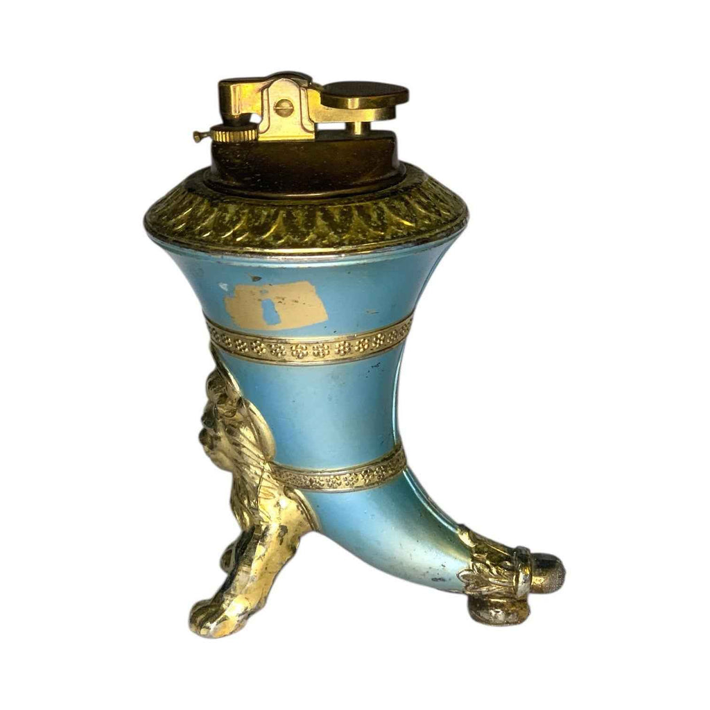 Rare Vintage Japanese Brass Lion Table Lighter Turquoise & Gold Mid Century