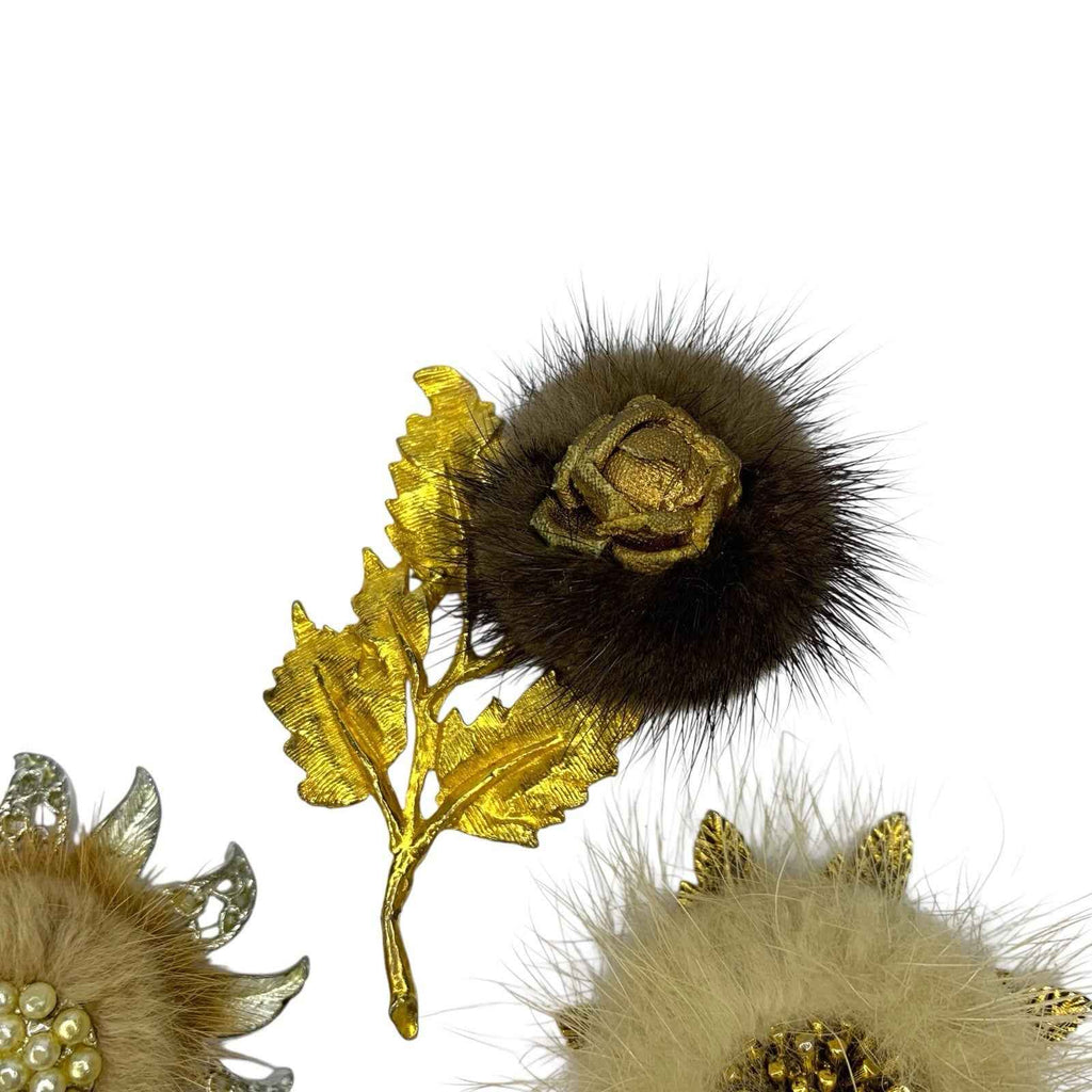 Vintage 3x Mink Fur Brooches Silver Gold Tone with Pearl Starburst Flower Set