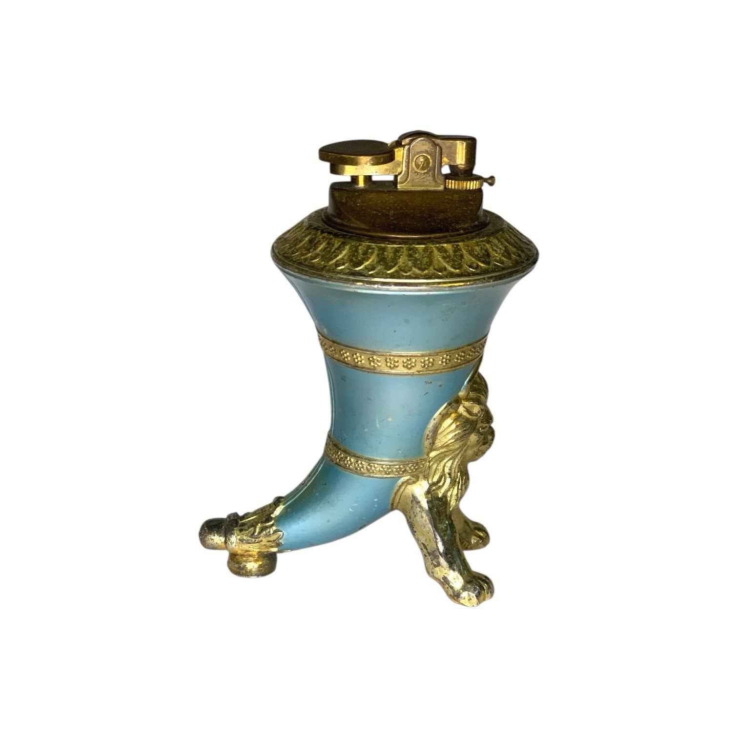 Rare Vintage Japanese Brass Lion Table Lighter Turquoise & Gold Mid Century