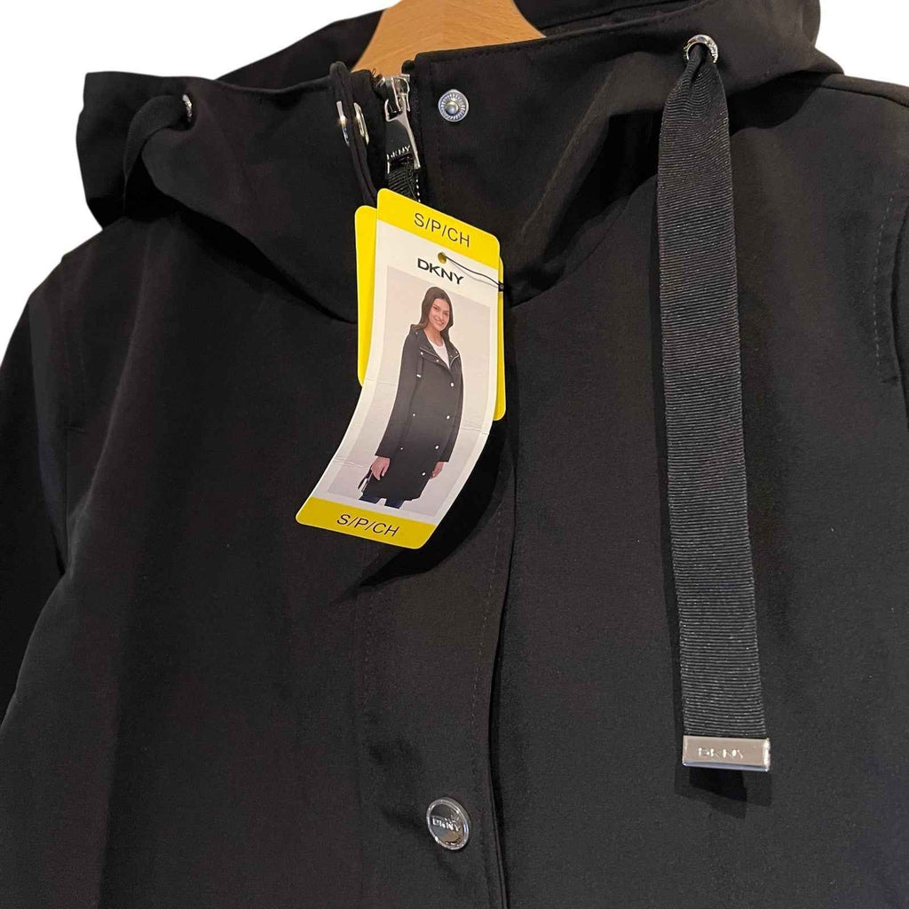 DKNY Women's Parka Coat, Black Hooded, Size S with Back Side Zip Slits BNWT