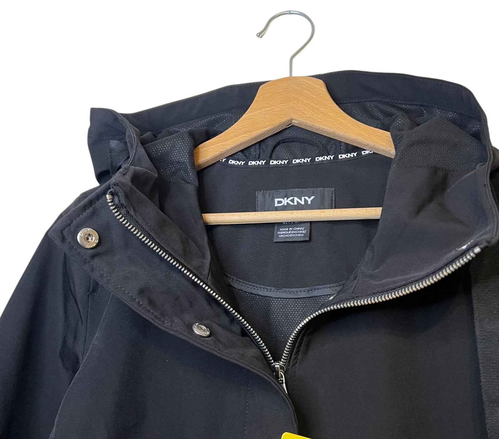 DKNY Women's Parka Coat, Black Hooded, Size L with Back Side Zip Slits BNWT