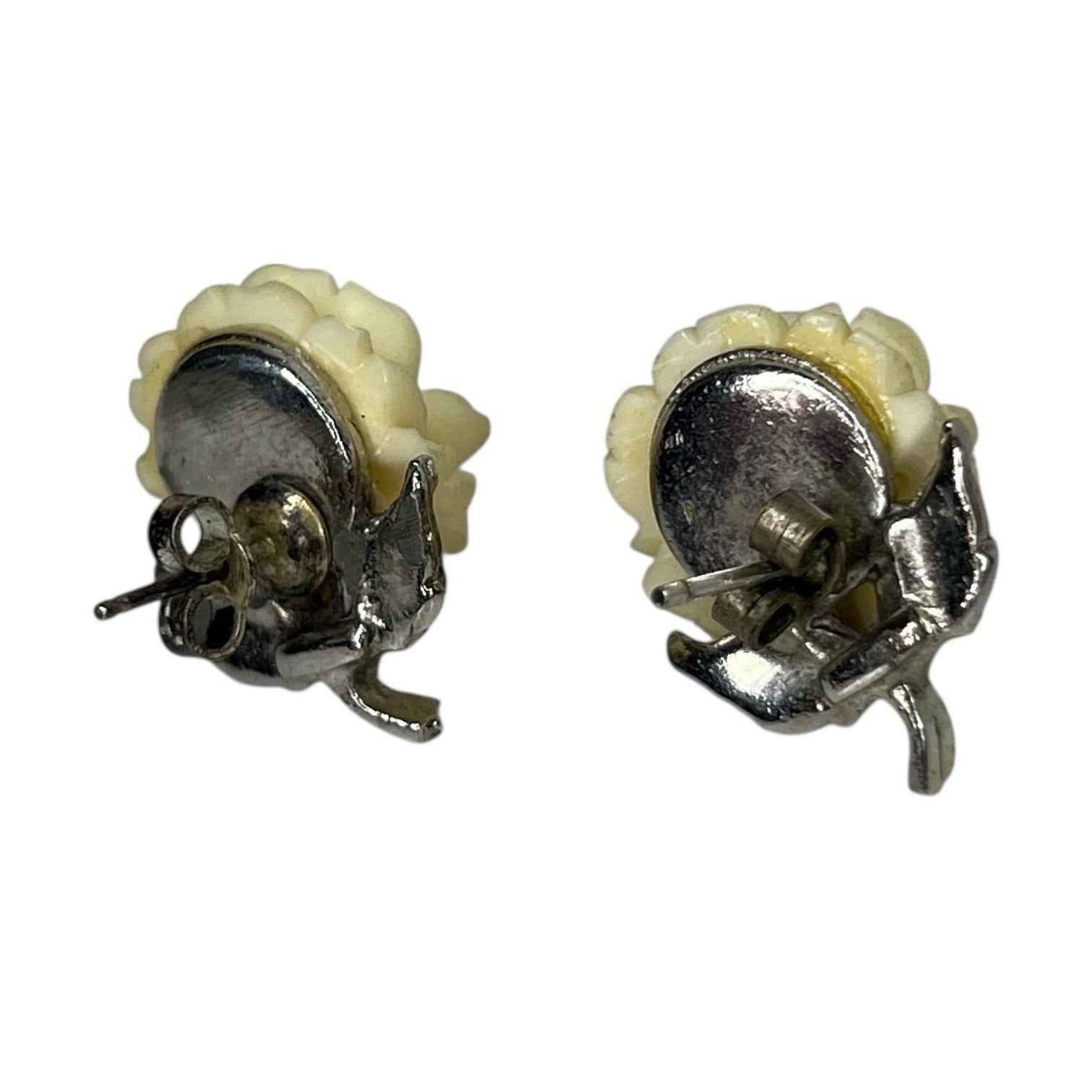 Pair of Vintage Sterling Silver & Marcasite Carved Off White Flower Earrings