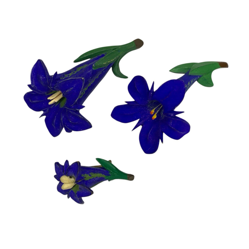 1930s–50s Blue Carved Celluloid Brooch Set – Floral Motif – Early Plastic – 3x by TheVoyageBird