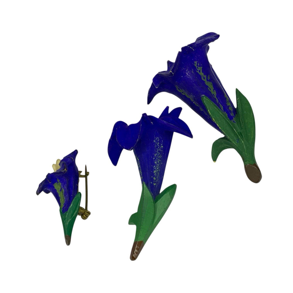 1930s–50s Blue Carved Celluloid Brooch Set – Floral Motif – Early Plastic – 3x by TheVoyageBird