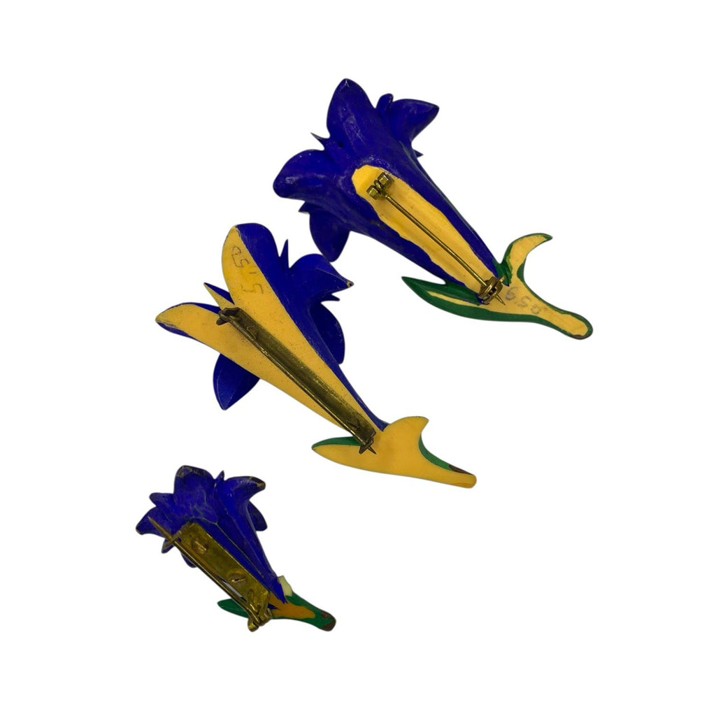 1930s–50s Blue Carved Celluloid Brooch Set – Floral Motif – Early Plastic – 3x by TheVoyageBird