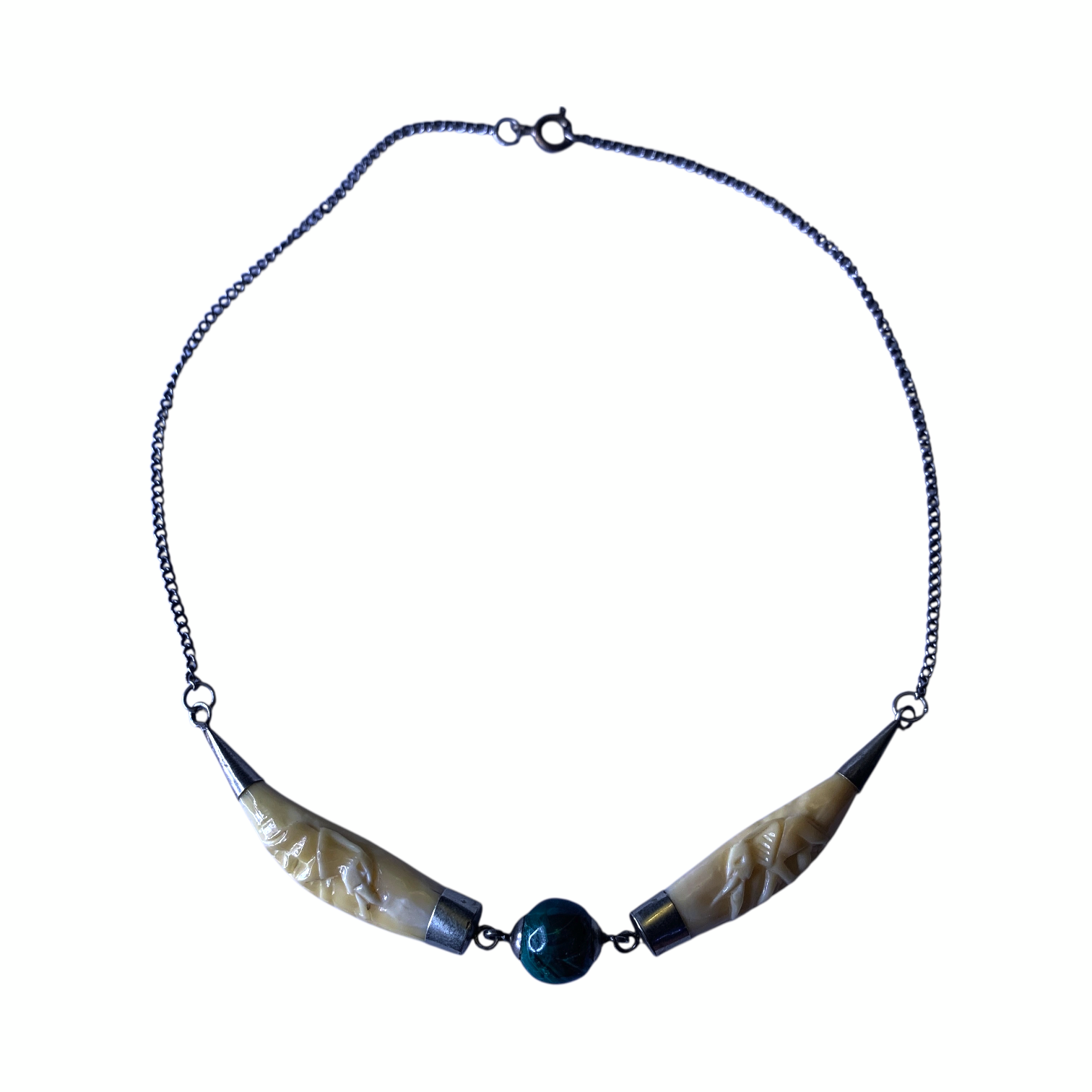 1950s Bovine Bone Necklace Malachite Bead Indian Elephant Folk Art Tribal Choker Vintage Reproduction Jewellery by TheVoyageBird