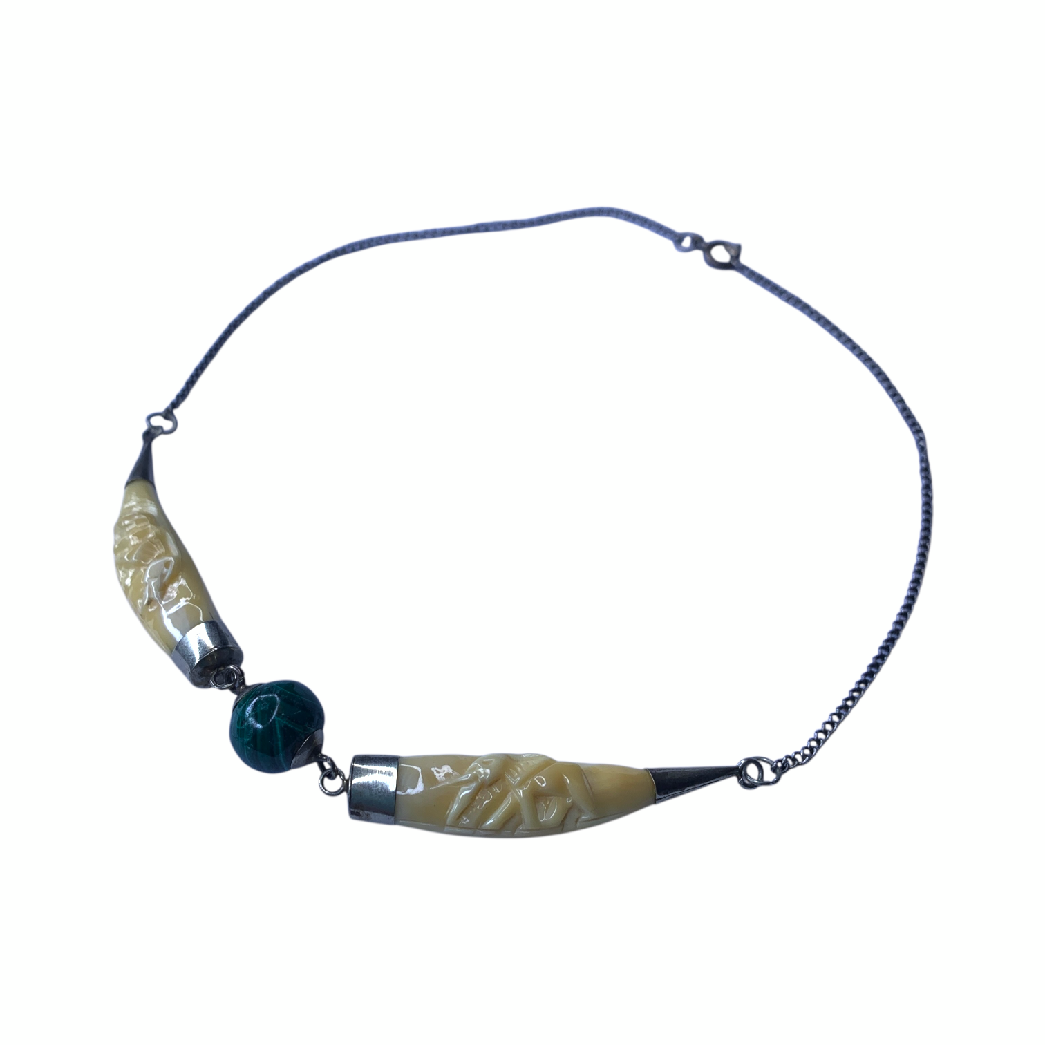 1950s Bovine Bone Necklace Malachite Bead Indian Elephant Folk Art Tribal Choker Vintage Reproduction Jewellery by TheVoyageBird