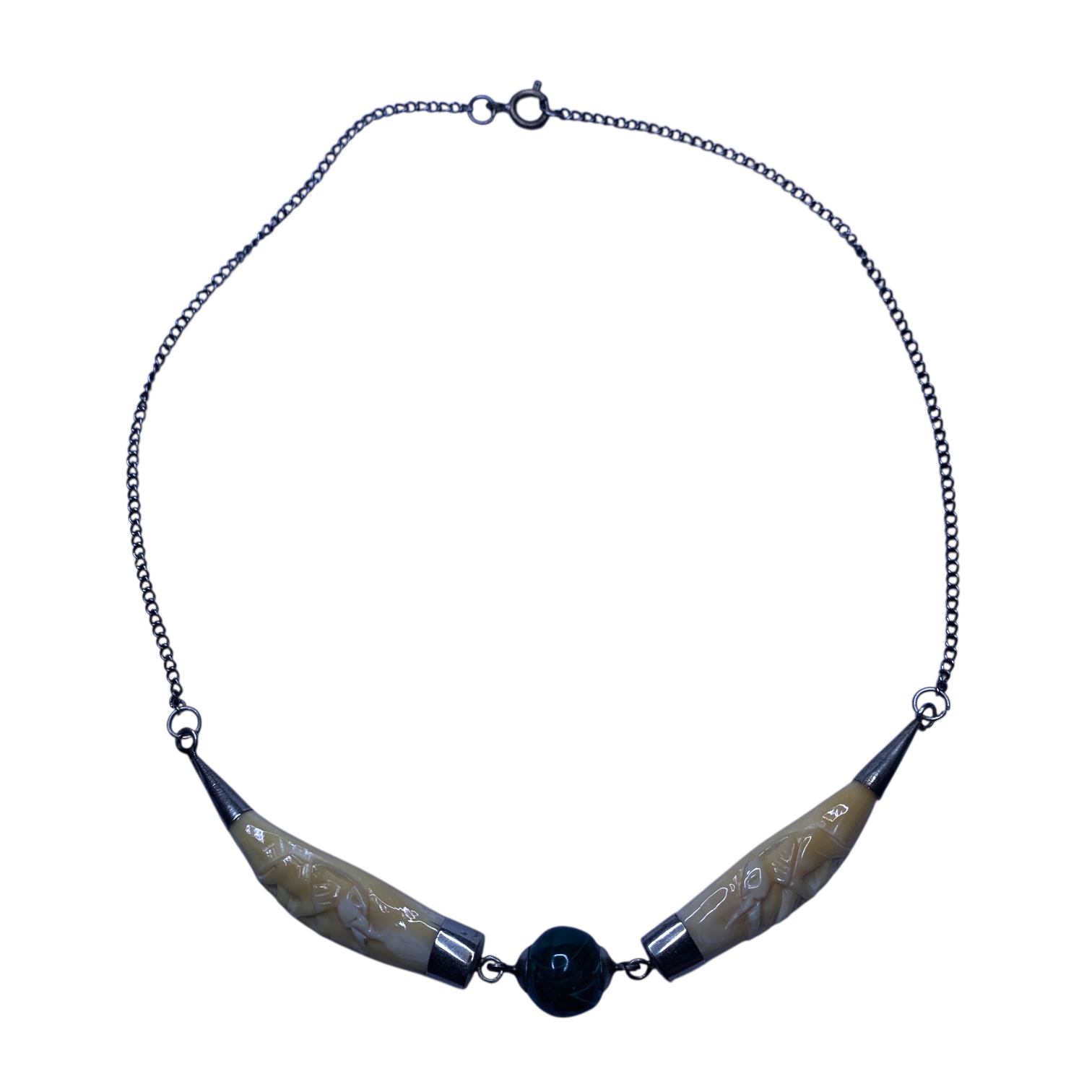 1950s Bovine Bone Necklace Malachite Bead Indian Elephant Folk Art Tribal Choker Vintage Reproduction Jewellery by TheVoyageBird