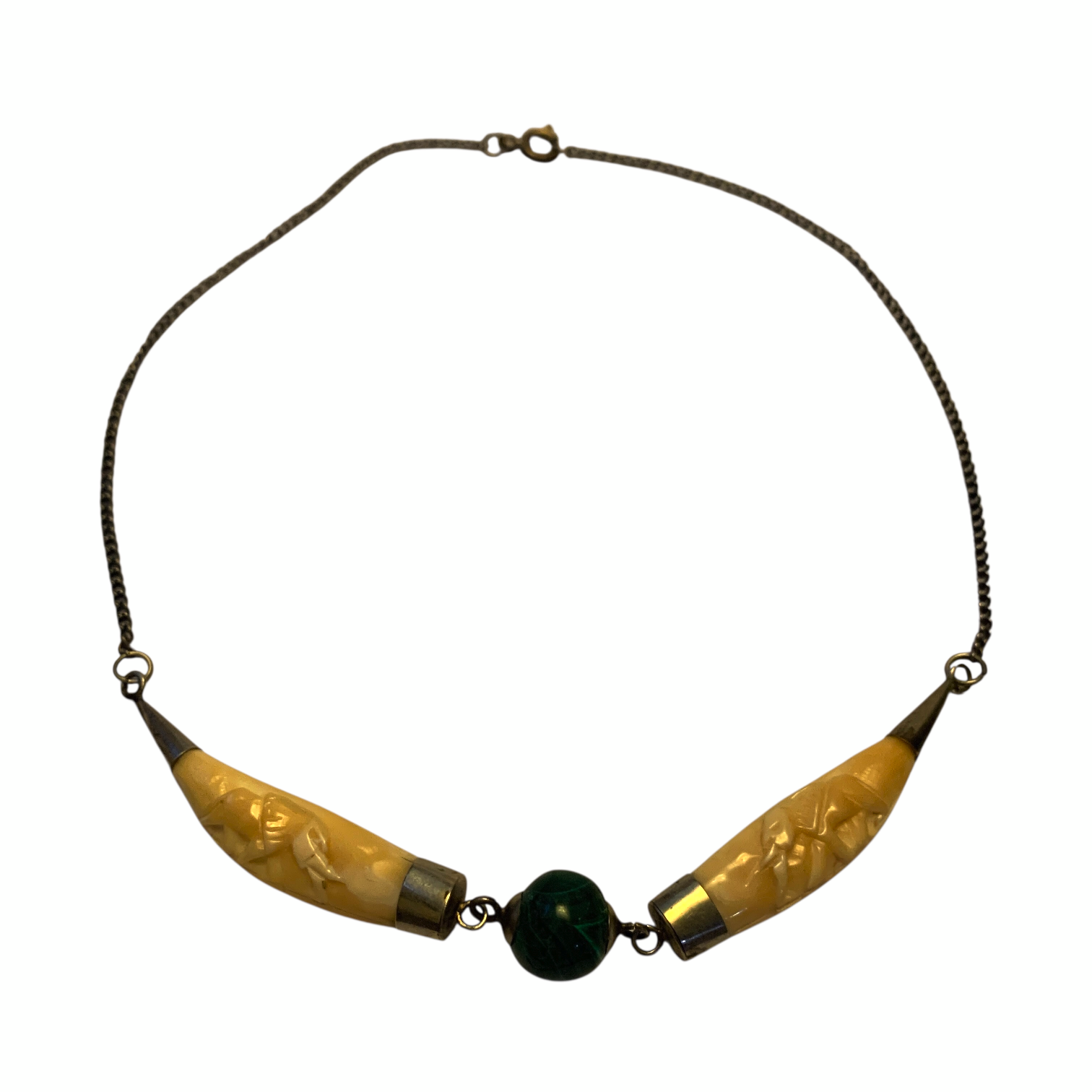 1950s Bovine Bone Necklace Malachite Bead Indian Elephant Folk Art Tribal Choker Vintage Reproduction Jewellery by TheVoyageBird