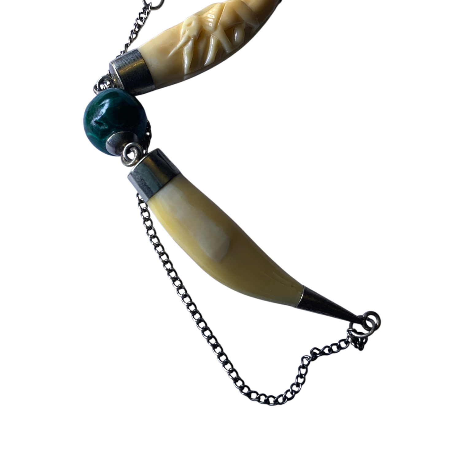 1950s Bovine Bone Necklace Malachite Bead Indian Elephant Folk Art Tribal Choker Vintage Reproduction Jewellery by TheVoyageBird