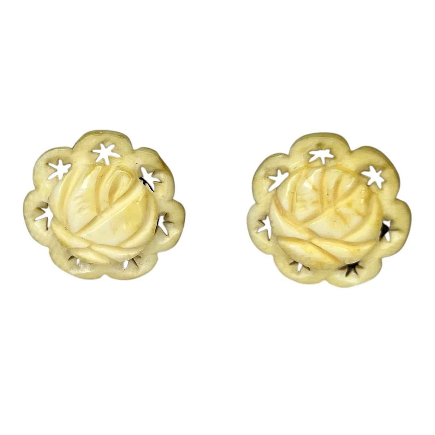 Pair of Vintage Carved Bovine Bone Off White Rose with Stars Clip On Earrings
