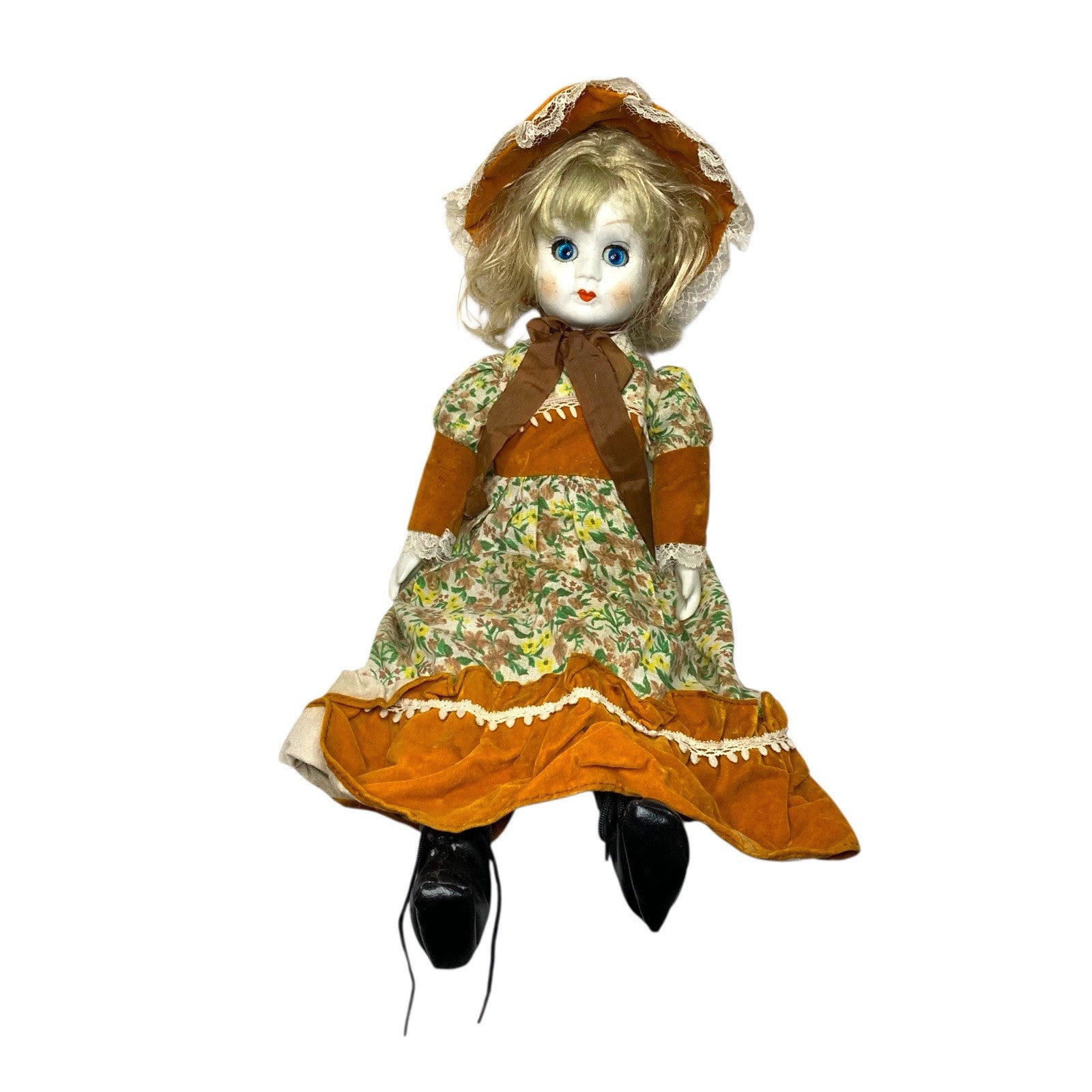 1980s Victorian Style Bisque Porcelain Doll – Blue Eyes, Floral Dress Decorative Antique Dolls by TheVoyageBird