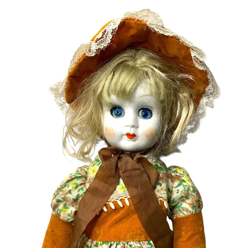 1980s Victorian Style Bisque Porcelain Doll – Blue Eyes, Floral Dress Decorative Antique Dolls by TheVoyageBird