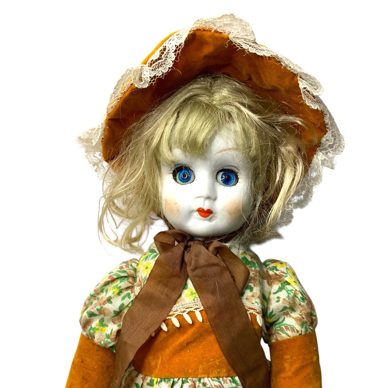 1980s Victorian Style Bisque Porcelain Doll – Blue Eyes, Floral Dress Decorative Antique Dolls by TheVoyageBird