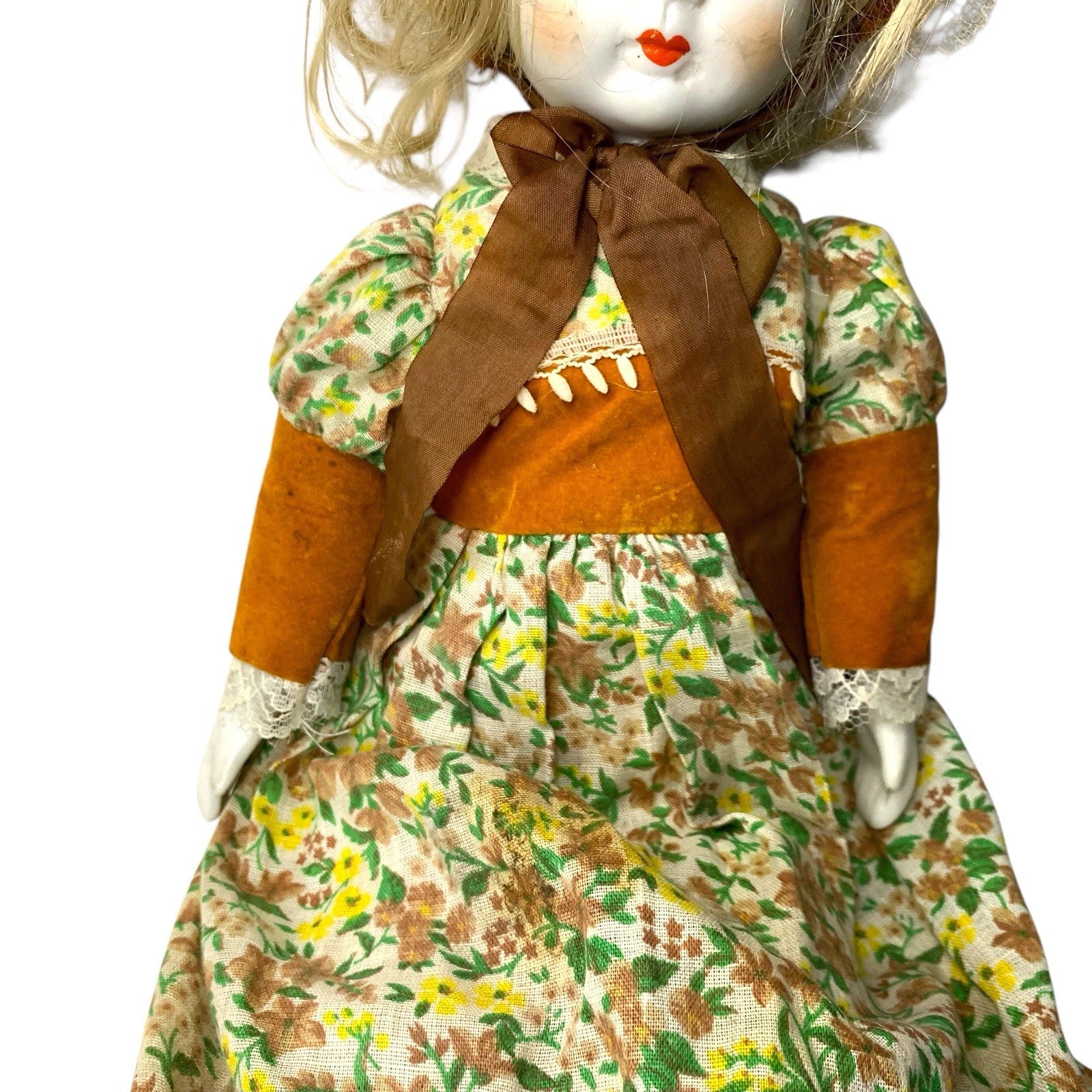 1980s Victorian Style Bisque Porcelain Doll – Blue Eyes, Floral Dress Decorative Antique Dolls by TheVoyageBird