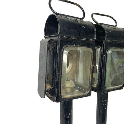 Pair Antique Carriage Coach Oil Lamps Lanterns Red Lens Bevelled Glass c1900 - detail view