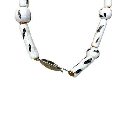 Vintage Black White Painted Bead Necklace Earrings Set Retro Costume Jewellery