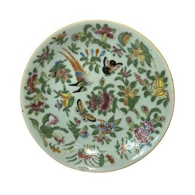 Antique Chinese Canton Famille Rose Celadon Plate Birds Butterflies — view 1