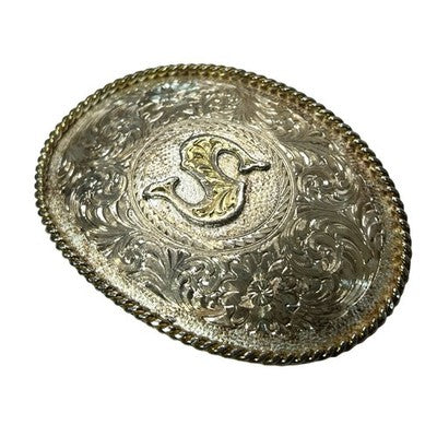 Montana Silversmiths S Initial Western Cowboy Belt Buckle Silver Gold Tone - front view
