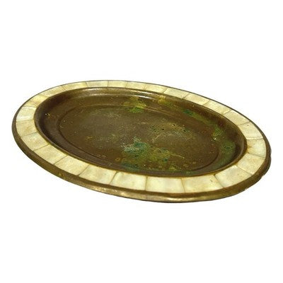 Vintage Brass Trinket Dish Mother Of Pearl Inlaid Border Oval Jewellery Tray
