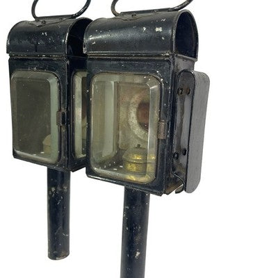 Pair Antique Carriage Coach Oil Lamps Lanterns Red Lens Bevelled Glass c1900 - back view