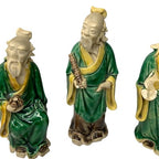 Antique Vintage Chinese Mudman Set of 3 Green Glazed Pottery Scholar Statue