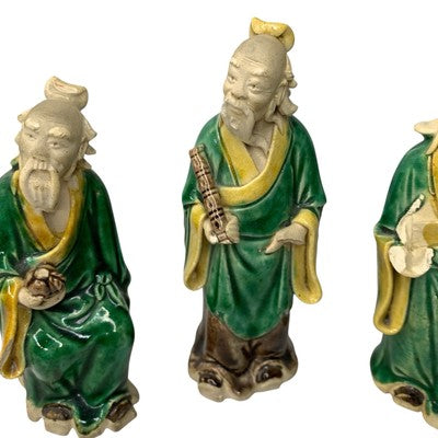 Antique Vintage Chinese Mudman Set of 3 Green Glazed Pottery Scholar Statue