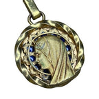 Vintage A Augis Virgin Mary Blue Enamel Gold Tone Catholic Pendant Medal