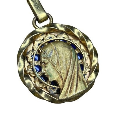 Vintage A Augis Virgin Mary Blue Enamel Gold Tone Catholic Pendant Medal