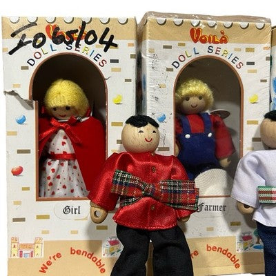 Vintage Voila Wooden Bendable Dolls House Figures x7 4 Boxed Doll Series - front view