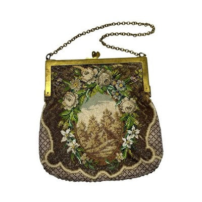 Vintage Micro Beaded Evening Bag Scenic Floral Purse Brass Frame Chain Handbag