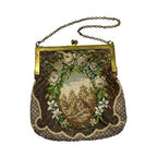 Vintage Micro Beaded Evening Bag Scenic Floral Purse Brass Frame Chain Handbag