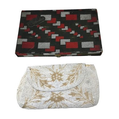Vintage Brettle's Silkestia White Beige Micro Beaded Evening Clutch Purse Boxed
