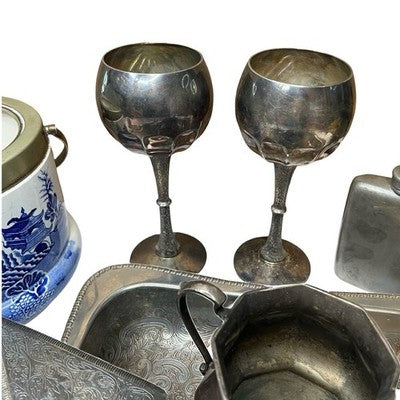 Vintage Silver Plated EPNS Job Lot Tray Goblets Jug Flask Spoon Sugar Pot