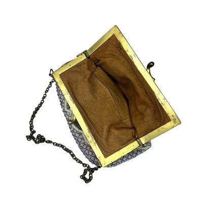 Vintage Micro Beaded Evening Bag Scenic Floral Purse Brass Frame Chain Handbag