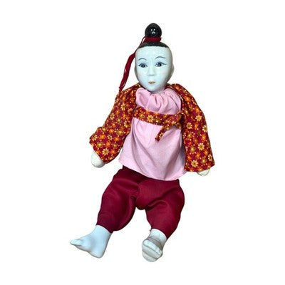 Asian Chinese Pink Red & White Porcelain & Rag Doll with Single Top Bun — view 1