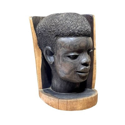 Vintage Carved Wooden African Head Bookend Bust Sculpture Folk Art Single - front view
