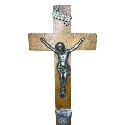 Vintage Catholic Wall Crucifix Wooden Cross Metal Jesus Holy Water Font IHS
