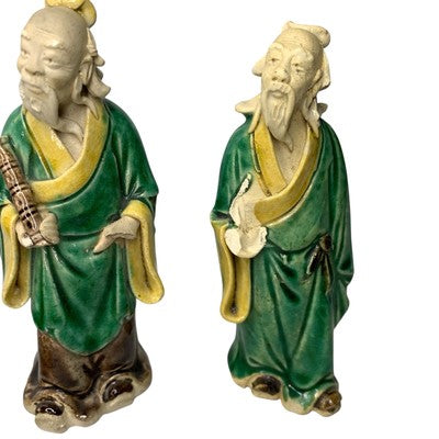 Antique Vintage Chinese Mudman Set of 3 Green Glazed Pottery Scholar Statue