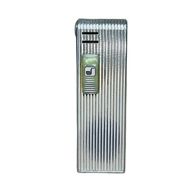 Vintage Sarome Japan Slim Gas Lighter Ribbed Chrome Green Slider Untested